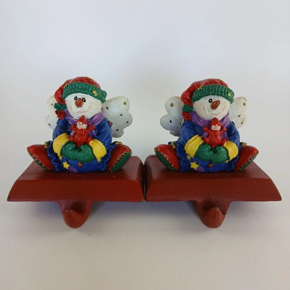 Vintage Snowman Angel Cast Iron Stocking Holder Hook Set Of 2